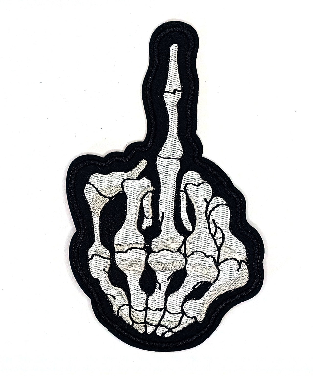 Skeleton Middle Finger – Бродирана нашивка "Fuck You" 9x6 см