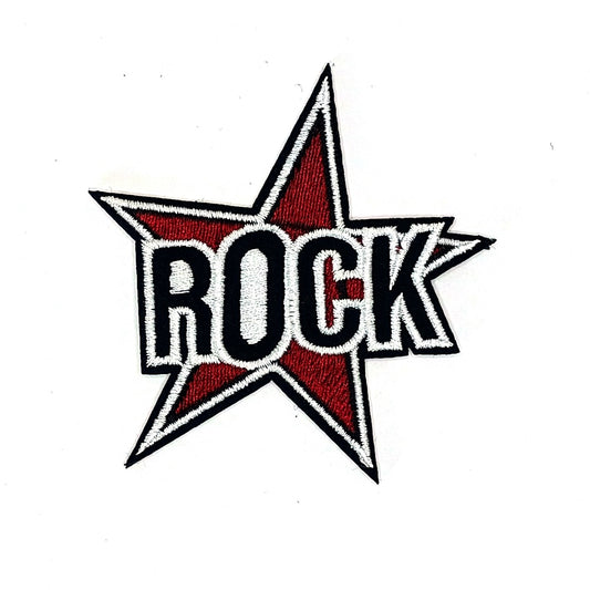 Нашивка "ROCK" – червена звезда, бродирана термолепенка, 8 см